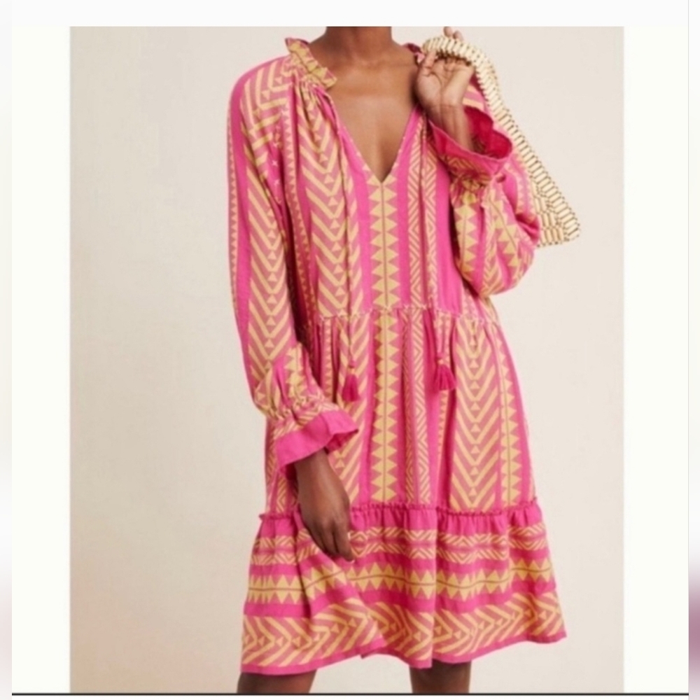 MAUVE Anthro Dominique Hot Pink Yellow Cotton Boho LS  Ruffle Prairie Dress XS